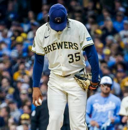 Milwaukee Brewers starting pitcher Elvin Rodriguez reacts after giving up a two RBI single to Kansas City Royals outfielder Hunter Renfroe in the first inning of the MLB, Baseball Herren, USA baseball game between the Kansas City Royals and the Milwaukee Brewers at American Family Field in Milwaukee, Wisconsin on Monday, March 31, 2025. The game is the Brewers 2025 season home opener.  MIL20250331810 TANNENxMAURY