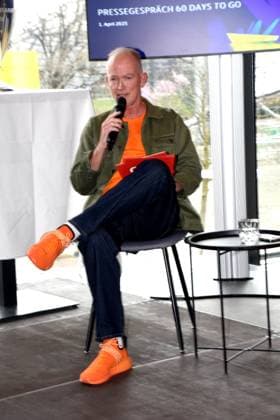 Mike Thiel Moderator Muenchen 01 04 2025 Coubertin in the Olympic Park, On 28 05 2025 the Champions Festival starts in the Olympic Park and the highlight of the supporting program around the final of the UEFA Champions League 2025 on 31 May in Munich