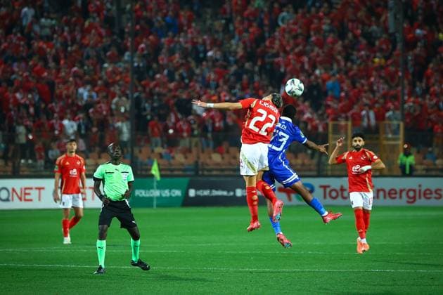 Al Ahly FC vs Al Hilal SC - TotalEnergies CAF Champions League - Quarter Final 1st Leg Emam Ashour clash in the air with Ahmed Salem Al Hilal SC player in the match between Al Ahly FC vs Al Hilal SC in the 1st leg of the Quarter Final of Total Energies CAF Champions League on April 1, 2025 Cairo Cairo Egypt Copyright: xMohamedxTageldinx