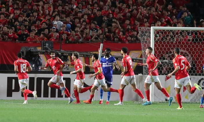 CAF Champions League - Quarter Final - First Leg - Al Ahly vs Al Hilal Omdurman Al Ahly players celebrate during the CAF Champions League Quarter Final First Leg match between Al Ahly vs Al Hilal Omdurman, in Cairo, Egypt,April 01 2025. Cairo Egypt Copyright: xMatrixxImagesx xKhaledxElfiqix 