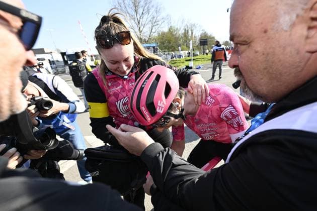 American Neilson Powless of EF Education-EasyPost celebrates after winning the men elite race of the Dwars Door Vlaanderen cycling event, 184,2km from Roeselare to Waregem, Wednesday 02 April 2025. DIRKxWAEM  x118314370x