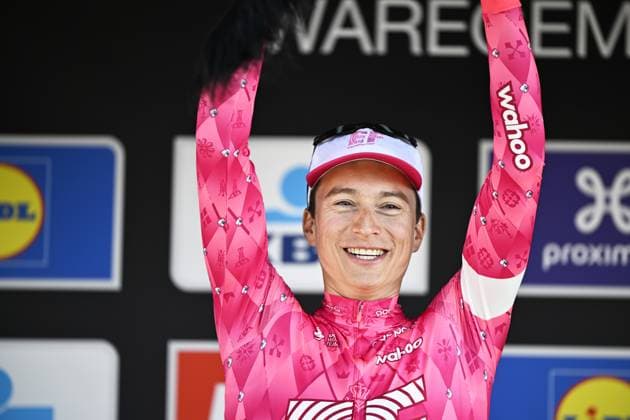 American Neilson Powless of EF Education-EasyPost celebrates on the podium after winning the men elite race of the Dwars Door Vlaanderen cycling event, 184,2km from Roeselare to Waregem, Wednesday 02 April 2025. JASPERxJACOBS  x118322603x