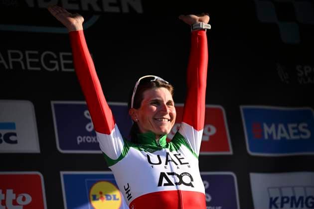 Dwars door Vlaanderen 2025 - Women Elite WAREGEM, BELGIUM - APRIL 02 : Longo Borghini Elisa (ITA) of UAE Team ADQ pictured during the podium ceremony of the Women Elite UCI 1.Pro Flanders Classics Dwars door Vlaanderen Women cycling race with start in Waregem and finish in Waregem (128,5 km) on April 02, 2025 in Waregem, Belgium, 02 04 2025 ( Motordriver Tom Van De Maele & Waregem Belgium  Copyright: xTomasxSiskx