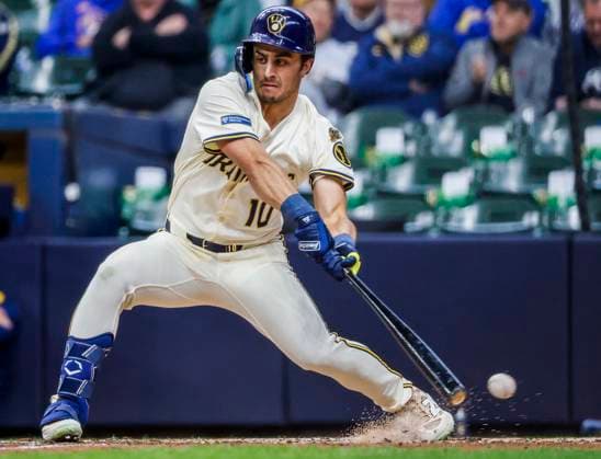 Milwaukee Brewers outfielder Sal Frelick swings at a ball in the dirt in the fourth inning of the MLB, Baseball Herren, USA baseball game between the Kansas City Royals and the Milwaukee Brewers at American Family Field in Milwaukee, Wisconsin on Wednesday, April 02, 2025.  MIL20250402810 TANNENxMAURY