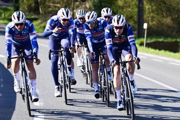 French Paul Magnier of Soudal Quick-Step (2L) pictured during a track reconaissance ahead of the Ronde van Vlaanderen Tour des Flandres Tour of Flanders cycling race, Thursday 03 April 2025. The 109th edition of the cycling race will take place on Sunday 06 April. DIRKxWAEM  x118574735x