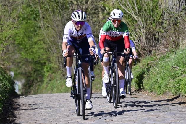 Italian Elisa Longo Borghini of UAE Team ADQ (R) pictured during a track reconaissance ahead of the Ronde van Vlaanderen Tour des Flandres Tour of Flanders cycling race, Thursday 03 April 2025. The 109th edition of the cycling race will take place on Sunday 06 April. DIRKxWAEM  x118616769x