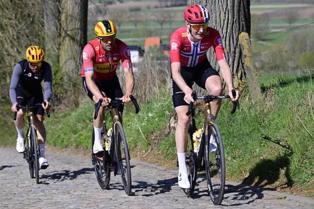 Norwegian Alexander Kristoff of Uno-X Mobility and Norwegian Markus Hoelgaard of Uno-X Mobility pictured during a track reconaissance ahead of the Ronde van Vlaanderen Tour des Flandres Tour of Flanders cycling race, Thursday 03 April 2025. The 109th edition of the cycling race will take place on Sunday 06 April. DIRKxWAEM  x118617192x