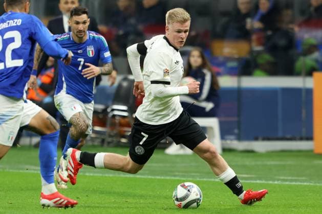 JONATHAN BURKARDT, Germania, Nations League, 2024-25, Quarter Finals 1st Leg, Italy vs Germany 1-2, 20-03-2025, Contrasto, Action NATIONS LEAGUE 2024-25 Quarto di Finale andata ITALIA-GERMANIA 1