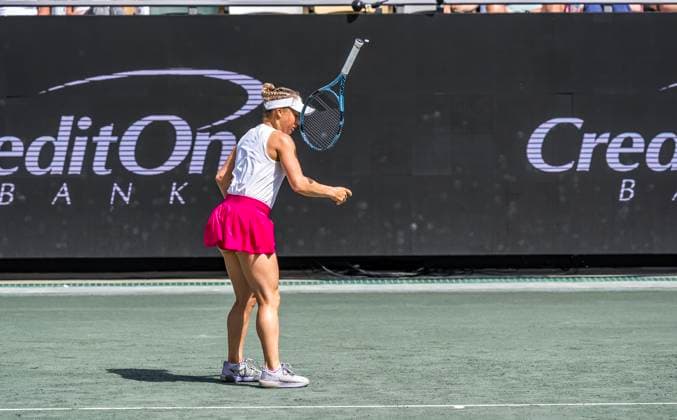 April 3, 2025, Daniel Island, Sc, USA: YULIA PUTINTSEVA (KAZ) shows her emotion as she plays against Amanda Anisimova (USA) in their 3rd round match at the Credit One Charleston Open in Daniel Island, SC. Anisimova advances after winning the match 6-4, 6-4. Daniel Island USA - ZUMAa161 20250403_aaa_a161_015 Copyright: xWalterxG.xArcexSr.x