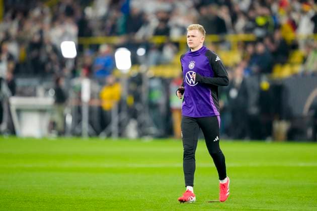 Jonathan Burkardt Germany looks on during the UEFA Nations League Quarterfinal Leg Two match between Germany and Italy at Football Stadium Dortmund on March 23, 2025 in Dortmund, Germany