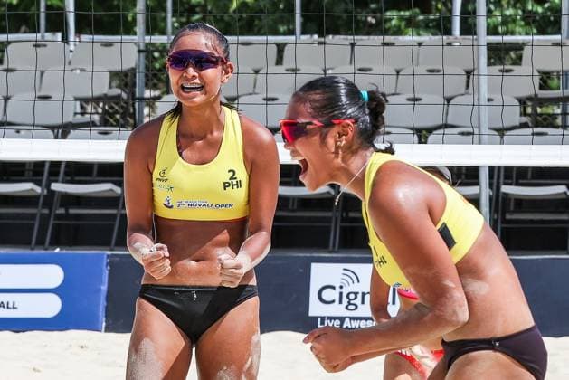 (250404) -- LAGUNA PROVINCE, April 4, 2025 -- Khylem Harl Progella (R) and Sofiah Shanine Pagara of the Philippines celebrate after scoring during the women s round of 16 match between Yan Xu Zhou Mingli of China and Khylem Harl Progella Sofiah Shanine Pagara of the Philippines in the AVC Beach volleyball, Beachvolleyball Tour 2nd Nuvali Open in Laguna Province, the Philippines, April 4, 2025. ) (SP)PHILIPPINES-LAGUNA PROVINCE-BEACH VOLLEYBALL-TOUR-2ND NUVALI OPEN-WOMEN RouellexUmali 