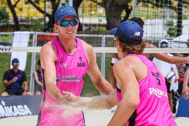 (250404) -- LAGUNA PROVINCE, April 4, 2025 -- Paul Burnett (L) and Luke Ryan of Australia celebrate after scoring during the men s round of 16 match between Nassim Malki Fukushima Kosuke of Japan and Paul Burnett Luke Ryan of Australia in the AVC Beach volleyball, Beachvolleyball Tour 2nd Nuvali Open in Laguna Province, the Philippines, April 4, 2025. ) (SP)PHILIPPINES-LAGUNA PROVINCE-BEACH VOLLEYBALL-TOUR-2ND NUVALI OPEN-MEN RouellexUmali 