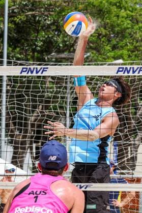 (250404) -- LAGUNA PROVINCE, April 4, 2025 -- Fukushima Kosuke (up) of Japan competes against Paul Burnett of Australia during the men s round of 16 match between Nassim Malki Fukushima Kosuke of Japan and Paul Burnett Luke Ryan of Australia in the AVC Beach volleyball, Beachvolleyball Tour 2nd Nuvali Open in Laguna Province, the Philippines, April 4, 2025. ) (SP)PHILIPPINES-LAGUNA PROVINCE-BEACH VOLLEYBALL-TOUR-2ND NUVALI OPEN-MEN RouellexUmali 