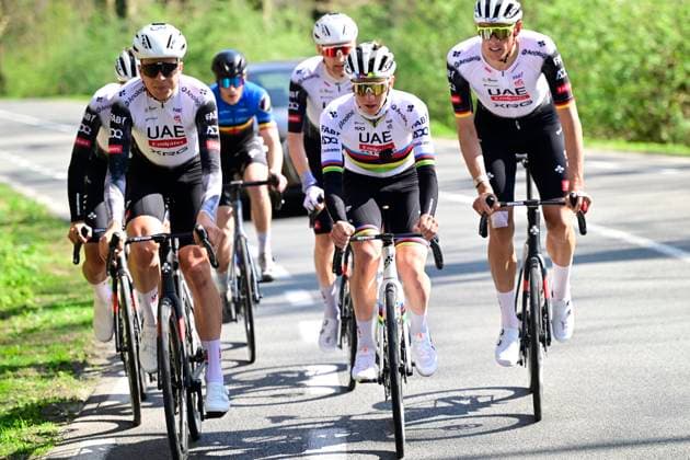 Sport Bilder des Tages Ronde van Vlaanderen 2025 Training Session OUDENAARDE, BELGIUM - April 4 : Vermeersch Florian (BEL) of UAE Team Emirates - XRG, Pogacar Tadej (SLO) of UAE Team Emirates - XRG, Politt Nils (GER) of UAE Team Emirates - XRG pictured during a training session prior to the 109th edition of the Ronde van Vlaanderen, an UCI World Tour cycling race for Men Elite with start in Bruges and finish in Oudenaarde after 268,9 km on April 4, 2025 in Oudenaarde, Belgium, 04 04 2025 ( Motordrier Kenny Verfaillie - Oudenaarde Belgium  Copyright: xNicoxVereeckenx