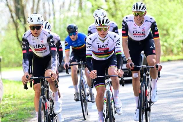 Ronde van Vlaanderen 2025 Training Session OUDENAARDE, BELGIUM - April 4 : Vermeersch Florian (BEL) of UAE Team Emirates - XRG, Pogacar Tadej (SLO) of UAE Team Emirates - XRG, Politt Nils (GER) of UAE Team Emirates - XRG pictured during a training session prior to the 109th edition of the Ronde van Vlaanderen, an UCI World Tour cycling race for Men Elite with start in Bruges and finish in Oudenaarde after 268,9 km on April 4, 2025 in Oudenaarde, Belgium, 04 04 2025 ( Motordrier Kenny Verfaillie - Oudenaarde Belgium  Copyright: xNicoxVereeckenx