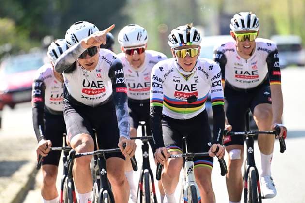 Ronde van Vlaanderen 2025 Training Session OUDENAARDE, BELGIUM - April 4 : Vermeersch Florian (BEL) of UAE Team Emirates - XRG, Pogacar Tadej (SLO) of UAE Team Emirates - XRG pictured during a training session prior to the 109th edition of the Ronde van Vlaanderen, an UCI World Tour cycling race for Men Elite with start in Bruges and finish in Oudenaarde after 268,9 km on April 4, 2025 in Oudenaarde, Belgium, 04 04 2025 ( Motordrier Kenny Verfaillie - Oudenaarde Belgium  Copyright: xNicoxVereeckenx