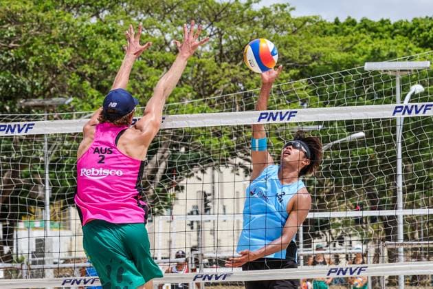 (250404) -- LAGUNA PROVINCE, April 4, 2025 -- Luke Ryan (L) of Australia compete against Fukushima Kosuke of Japan during the men s round of 16 match between Nassim Malki Fukushima Kosuke of Japan and Paul Burnett Luke Ryan of Australia in the AVC Beach volleyball, Beachvolleyball Tour 2nd Nuvali Open in Laguna Province, the Philippines, April 4, 2025. ) (SP)PHILIPPINES-LAGUNA PROVINCE-BEACH VOLLEYBALL-TOUR-2ND NUVALI OPEN-MEN RouellexUmali 