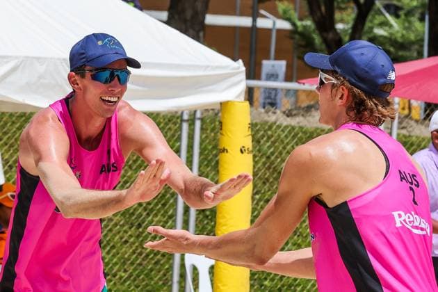 (250404) -- LAGUNA PROVINCE, April 4, 2025 -- Paul Burnett (L) and Luke Ryan of Australia celebrate after scoring during the men s round of 16 match between Nassim Malki Fukushima Kosuke of Japan and Paul Burnett Luke Ryan of Australia in the AVC Beach volleyball, Beachvolleyball Tour 2nd Nuvali Open in Laguna Province, the Philippines, April 4, 2025. ) (SP)PHILIPPINES-LAGUNA PROVINCE-BEACH VOLLEYBALL-TOUR-2ND NUVALI OPEN-MEN RouellexUmali 