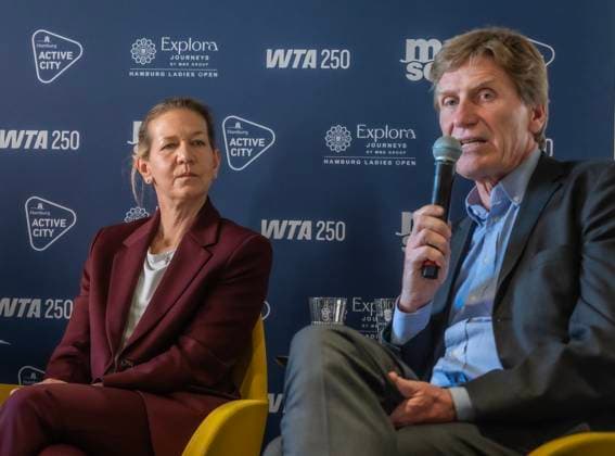 MSC Hamburg Ladies Open 2025 Tournament Director Sandra Reichel and DTB President Dietloff von Arnim at the press conference for the womens tournament Â