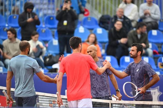 Tiriac Open, Jakob Schnaitter, Mark Wallner, Sander Gille, Jan Zielinski Sadio Doumba and Fabien Reboul of France against Marius Copil and Luca Preda of Romania during the Tiriac Open double match in Bucharest, Romania April 04, 2025. Alex Nicodim Imago Images Copyright: xAlexxNicodimx
