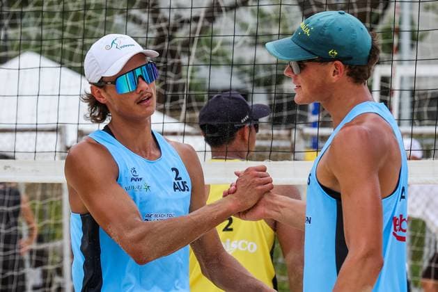 (250404) -- LAGUNA PROVINCE, April 4, 2025 -- D Artagnan Potts and Jack Pearse (L) of Australia celebrate after scoring a point during the men s round of 16 match between D Artagnan Potts Jack Pearse of Australia and Danangsyah Pribadi Yosi Firnanda of Indonesia in the AVC Beach volleyball, Beachvolleyball Tour 2nd Nuvali Open in Laguna Province, the Philippines, April 4, 2025. ) (SP)PHILIPPINES-LAGUNA PROVINCE-BEACH VOLLEYBALL-TOUR-2ND NUVALI OPEN-MEN ROUELLExUMALI 