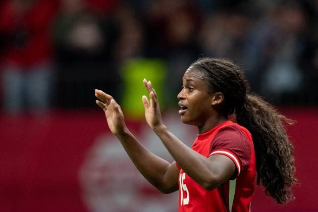 Fußball, Frauen Länderspiel, Kanada - Argentinien April 4, 2025, Vancouver, Bc, CANADA: Canada s Nichelle Prince celebrates her goal against Argentina during the first half of an International Friendly, Länderspiel, Nationalmannschaft soccer match in Vancouver, on Friday, April 4, 2025. Canada News - April 4, 2025 - ZUMAc35_ 20250404_zaf_c35_107 Copyright: xEthanxCairnsx