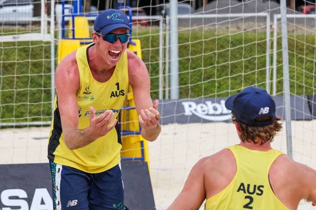 (250405) -- LAGUNA PROVINCE, April 5, 2025 -- Paul Burnett (L) Luke Ryan of Australia celebrate after winning the men s semifinal match against D Artagnan Potts Jack Pearse of Australia at the AVC Beach volleyball, Beachvolleyball Tour 2nd Nuvali Open in Laguna Province, the Philippines, April 5, 2025. ) (SP)PHILIPPINES-LAGUNA PROVINCE-BEACH VOLLEYBALL-TOUR-2ND NUVALI OPEN-MEN RouellexUmali 