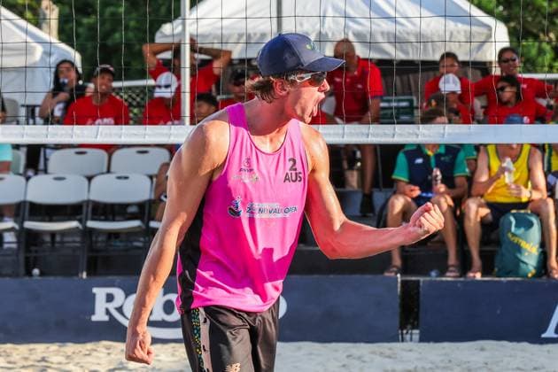 (250405) -- LAGUNA PROVINCE, April 5, 2025 -- Luke Ryan of Australia reacts after scoring a point during the men s gold medal match between Paul Burnett Luke Ryan of Australia and Ben Hood Oliver Merritt of Australia in the AVC Beach volleyball, Beachvolleyball Tour 2nd Nuvali Open in Laguna Province, the Philippines, April 5, 2025. ) (SP)PHILIPPINES-LAGUNA PROVINCE-BEACH VOLLEYBALL-TOUR-2ND NUVALI OPEN-MEN RouellexUmali 