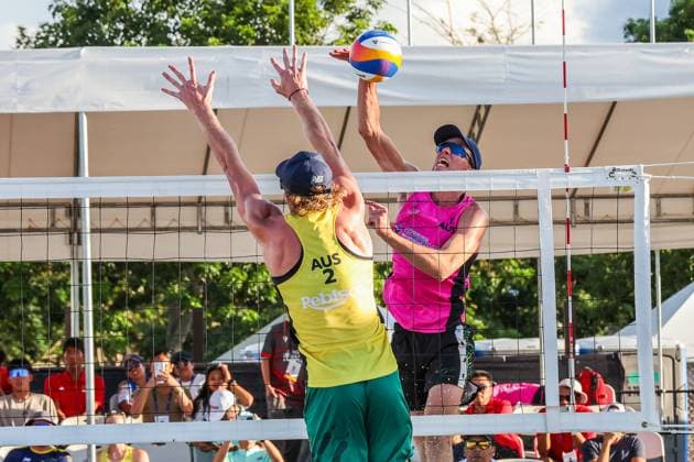(250405) -- LAGUNA PROVINCE, April 5, 2025 -- Paul Burnett (R) of Australia spikes the ball during the men s gold medal match between Paul Burnett Luke Ryan of Australia and Ben Hood Oliver Merritt of Australia in the AVC Beach volleyball, Beachvolleyball Tour 2nd Nuvali Open in Laguna Province, the Philippines, April 5, 2025. ) (SP)PHILIPPINES-LAGUNA PROVINCE-BEACH VOLLEYBALL-TOUR-2ND NUVALI OPEN-MEN RouellexUmali 