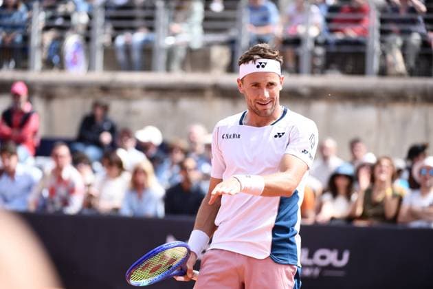 TENNIS : Bastide Medical UTS Nimes - 05 04 2025 NIMES, FRANCE : Casper RUUD Â« The Ice Man Â» (NOR) vs. Andrey RUBLEV Â« Rublo Â» lors de la demi-finale du Bastide Medical UTS Nimes, 2eme evenement du tournoi 2025 de l™Ultimate Tennis Showdown, le 5 avril 2025. NimesFrance  Copyright: xValentinaxClaretx
