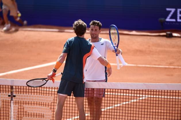 TENNIS : Bastide Medical UTS Nimes - 05 04 2025 NIMES, FRANCE : Casper RUUD Â« The Ice Man Â» (NOR) vs. Andrey RUBLEV Â« Rublo Â» lors de la demi-finale du Bastide Medical UTS Nimes, 2eme evenement du tournoi 2025 de l™Ultimate Tennis Showdown, le 5 avril 2025. NimesFrance  Copyright: xValentinaxClaretx