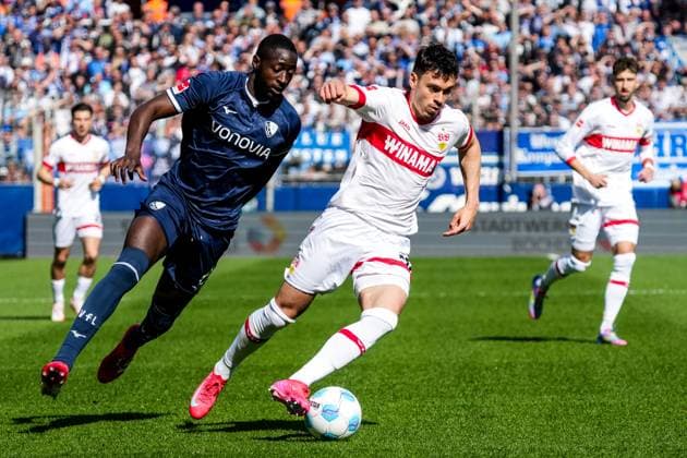 BOCHUM, GERMANY - APRIL 5: Fabian Rieder of VfB Stuttgart dribbles with the ball under pressure from Ibrahima Sissoko of VfL Bochum during the Bundesliga match between VfL Bochum 1848 and VfB Stuttgart at Vonovia Ruhrstadion on April 5, 2025 in Bochum, Germany. (Photo by Rene Nijhuis) SPO  Copyright: xRenexNijhuis