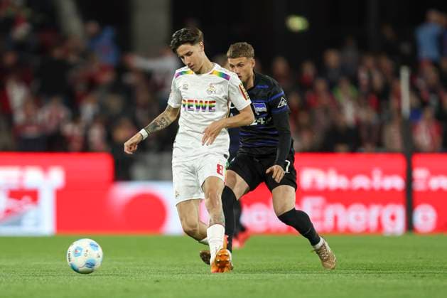 Denis Huseinbasic 1 FC Koeln and Michael Cuisance Hertha BSC Berlin battle for the ball during the 2 Bundesliga match between 1 FC Köln and Hertha BSC Berlin at RheinEnergieStadion on March 05, 2025 in Cologne, Germany, Germany Photo by Oliver Kaelke Defodi Images Denis Huseinbasic 1 FC Koeln and Michael Cuisance Hertha BSC Berlin battle for the ball during the 2 Bundesliga match between 1 FC Köln and Hertha BSC Berlin at RheinEnergieStadion on April 5, 2025 in Cologne, Germany Photo by Oliver Kaelke Defodi Images DFB DFL REGULATIONS PROHIBIT ANY USE OF PHOTOGRAPHS AS IMAGE SEQUENCES AND OR QUASI VIDEO Photo by Oliver Kaelke DeFodi Images