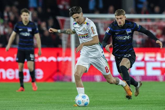 Soccer 2 Bundesliga 28 Matchday 1 FC Köln Hertha BSC Berlin on 05 04 2025 at RheinEnergieStadion in Cologne Denis Huseinbasic Köln , left Michael Cuisance Berlin , right DFL regulations prohibit any use of photographs as image sequences and or quasi video xJRx
