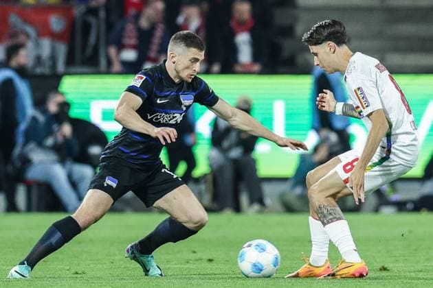 Soccer 2 Bundesliga 28 Matchday 1 FC Köln Hertha BSC Berlin on 05 04 2025 at RheinEnergieStadion in Cologne Jonjoe Kenny Berlin , left Denis Huseinbasic Köln , right DFL regulations prohibit any use of photographs as image sequences and or quasi video xJRx
