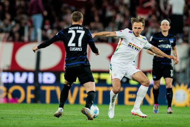 2 Soccer Bundesliga 1 FC Köln Hertha BSC Berlin 05 04 2025 duel Michael Cuisance Hertha BSC Berlin, 27 , Mathias Olesen 1 FC Köln, 47 2 Soccer Bundesliga, 1 FC Köln Hertha BSC Berlin, Cologne, RheinEnergiestadion on 05 04 2025 DFL REGULATIONS PROHIBIT ANY USE OF PHOTOGRAPHS AS IMAGE SEQUENCES AND OR QUASI VIDEO Copyright: xBEAUTIFULxSPORTS Wunderlx