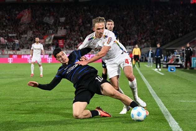 Ibrahim Maza Hertha BSC Berlin and Mathias Olesen 1 FC Koeln battle for the ball during the 2 Bundesliga match between 1 FC Köln and Hertha BSC Berlin at RheinEnergieStadion on April 05, 2025 in Cologne, Germany, Germany Photo by Ralf Treese DeFodi Images Ibrahim Maza Hertha BSC Berlin and Mathias Olesen 1 FC Koeln battle for the ball during the 2 Bundesliga match between 1 FC Köln and Hertha BSC Berlin at RheinEnergieStadion on April 5, 2025 in Cologne, Germany Photo by Ralf Treese DeFodi Images DFB DFL REGULATIONS PROHIBIT ANY USE OF PHOTOGRAPHS AS IMAGE SEQUENCES AND OR QUASI VIDEO Photo by Ralf Treese DeFodi Images