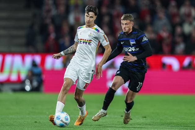 Soccer 2 Bundesliga 28 Matchday 1 FC Köln Hertha BSC Berlin on 05 04 2025 at RheinEnergieStadion in Cologne Denis Huseinbasic Köln , left Michael Cuisance Berlin , right DFL regulations prohibit any use of photographs as image sequences and or quasi video xJRx