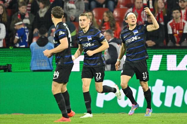 Koeln, Rheinenergiestadion, 05 04 25, GER, Herren, 2 Bundesliga, Saison 2024 2025, 1 FC Koeln Hertha BSC Berlin Bild Fabian REESE Hertha BSC jubilates after his goal to 0 1 DFL regulations prohibit any use of photographs as image sequences and or quasi video NRW Germany