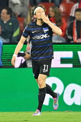 Koeln, Rheinenergiestadion, 05 04 25, GER, Herren, 2 Bundesliga, Saison 2024 2025, 1 FC Koeln Hertha BSC Berlin Bild Fabian REESE Hertha BSC jubilates after his goal to 0 1 DFL regulations prohibit any use of photographs as image sequences and or quasi video NRW Germany
