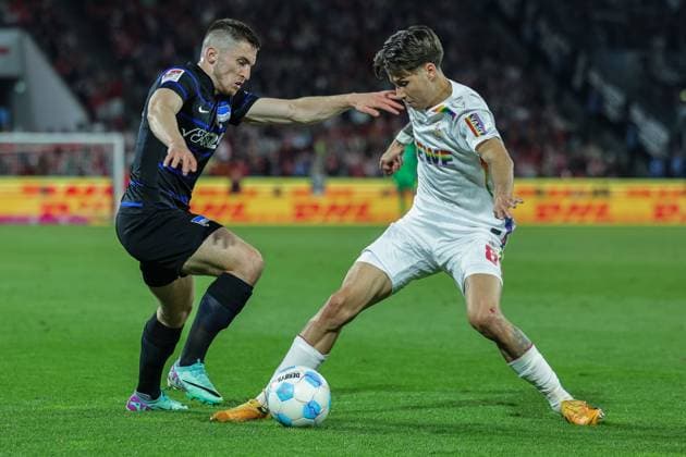 Soccer 2 Bundesliga 28 Matchday 1 FC Köln Hertha BSC Berlin on 05 04 2025 at RheinEnergieStadion in Cologne Jonjoe Kenny Berlin , left Denis Huseinbasic Köln , right DFL regulations prohibit any use of photographs as image sequences and or quasi video xJRx