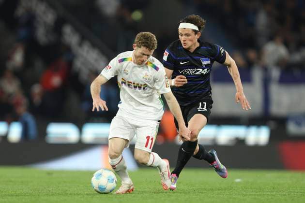 Florian Kainz 1 FC Koeln and Fabian Reese Hertha BSC Berlin battle for the ball during the 2 Bundesliga match between 1 FC Koeln and Hertha BSC Berlin at RheinEnergieStadion on March 05, 2025 in Cologne, Germany, Germany Photo by Oliver Kaelke Defodi Images Florian Kainz 1 FC Koeln and Fabian Reese Hertha BSC Berlin battle for the ball during the 2 Bundesliga match between 1 FC Köln and Hertha BSC Berlin at RheinEnergieStadion on April 5, 2025 in Cologne, Germany Photo by Oliver Kaelke Defodi Images DFB DFL REGULATIONS PROHIBIT ANY USE OF PHOTOGRAPHS AS IMAGE SEQUENCES AND OR QUASI VIDEO Photo by Oliver Kaelke DeFodi Images