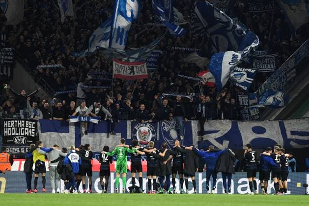 Fans and players Hertha celebrate, celebrates, cheering during the 2 Bundesliga match between 1 FC Köln and Hertha BSC Berlin at RheinEnergieStadion on April 05, 2025 in Cologne, Germany Photo by Ralf Treese DeFodi Images Fans and players Hertha celebrate, celebrates, celebrating during the 2 Bundesliga match between 1 FC Köln and Hertha BSC Berlin at RheinEnergieStadion on April 5, 2025 in Cologne, Germany Photo by Ralf Treese DeFodi Images DFB DFL REGULATIONS PROHIBIT ANY USE OF PHOTOGRAPHS AS IMAGE SEQUENCES AND OR QUASI VIDEO Photo by Ralf Treese DeFodi Images