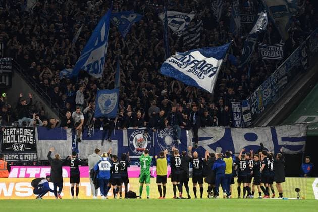 Fans and players Hertha celebrate, celebrates, cheering during the 2 Bundesliga match between 1 FC Köln and Hertha BSC Berlin at RheinEnergieStadion on April 05, 2025 in Cologne, Germany Photo by Ralf Treese DeFodi Images Fans and players Hertha celebrate, celebrates, celebrating during the 2 Bundesliga match between 1 FC Köln and Hertha BSC Berlin at RheinEnergieStadion on April 5, 2025 in Cologne, Germany Photo by Ralf Treese DeFodi Images DFB DFL REGULATIONS PROHIBIT ANY USE OF PHOTOGRAPHS AS IMAGE SEQUENCES AND OR QUASI VIDEO Photo by Ralf Treese DeFodi Images