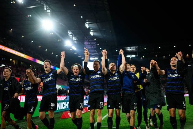 COLOGNE, GERMANY - 5 APRIL, 2025: Fabian Reese and team Hertha BSC celebrating win - The football match of 2.Bundesliga 1.FC Koeln vs Hertha BSC at Rhein Energie Stadion  Copyright: xVITALIIxKLIUIEVx