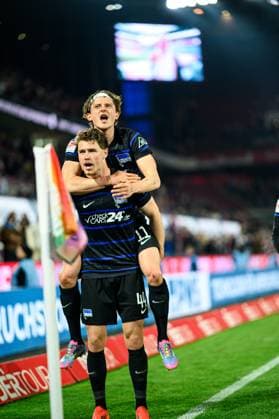 COLOGNE, GERMANY - 5 APRIL, 2025: Linus Gechter, Fabian Reese - The football match of 2.Bundesliga 1.FC Koeln vs Hertha BSC at Rhein Energie Stadion  Copyright: xVITALIIxKLIUIEVx