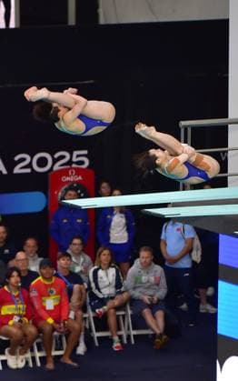 (250406) -- GUADALAJARA, April 6, 2025 -- Chen Yiwen (L) Chang Yani of China compete during the women s 3m synchronized final at the World Aquatics Diving World Cup 2025 in Guadalajara, Jalisco, Mexico, on April 5, 2025. (Photo by Xinhua) (SP)MEXICO-JALISCO-GUADALAJARA-DIVING-WORLD CUP-WOMEN S 3M SYNCHRONIZED-FINAL AlejandroxAcosta 