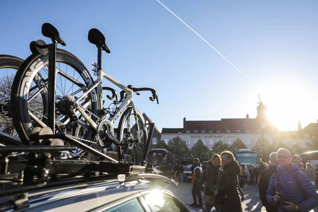 Picture of the Colnago bike of and Slovenian Tadej Pogacar of UAE Team Emirates on top of the team car at the start of the men s race of the Ronde van Vlaanderen Tour des Flandres Tour of Flanders one day cycling race, 268,9km from Brugge to Oudenaarde, Sunday 06 April 2025. POOLxKEIxTSUJIxxSPRINTCYCLINGxAGENCY  x119555959x
