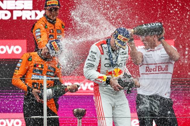 (250406) -- SUZUKA, April 6, 2025 -- Winner Red Bull Racing s Dutch driver Max Verstappen (2nd R) celebrates on the podium after the Formula One Japanese Grand Prix 2025 at the Suzuka Circuit in Suzuka, Japan, April 6, 2025. (Photo by Xinhua) (SP)JAPAN-SUZUKA-F1-GRAND PRIX-RACE QianxJun 