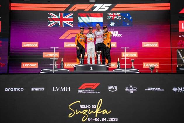 Max Verstappen wins the Formula 1 Lenovo Japanese Grand Prix 2025 - Suzuka Podium celebration with Max Verstappen (Ned) Of Oracle Red Bull Racing 1 Lando Norris (Gbr) Of Mclaren Racing 4 and Oscar Piastri (Aus) Of Mclaren Racing 81 during the Formula 1 Lenovo Japanese Grand Prix 2025 on Race Day at the Suzuka International Circuit, Suzuka, Japan on April 6, 2025. Photo by Antoine Lapeyre ABACAPRESS.COM Suzuka Japan  Copyright: xLapeyrexAntoine ABACAx